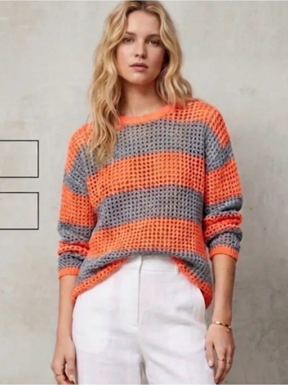 Zara Orange and Gray Striped Open-Knit Crew Sweater